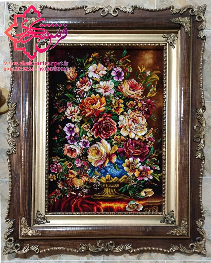 خرید تابلو فرش دستبافت گل و گلدان تبریز خرید از سایت فرش فروشی شکوری