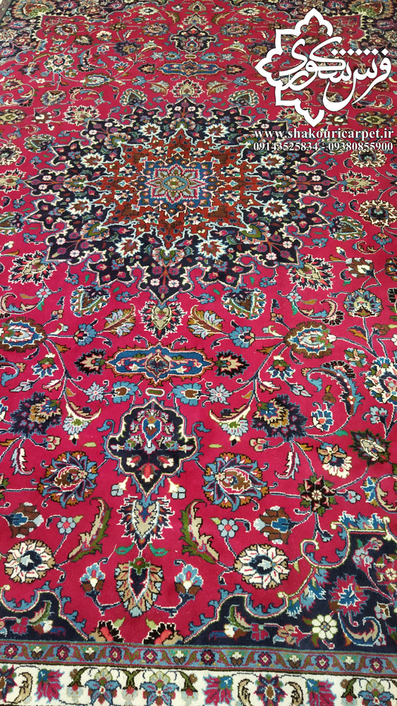 فرش دستبافت دوازده متری کاشمر مشهد رنگ زرشکی خرید از سایت فروشگاه شکوری کارپت سرتیپ شکوری