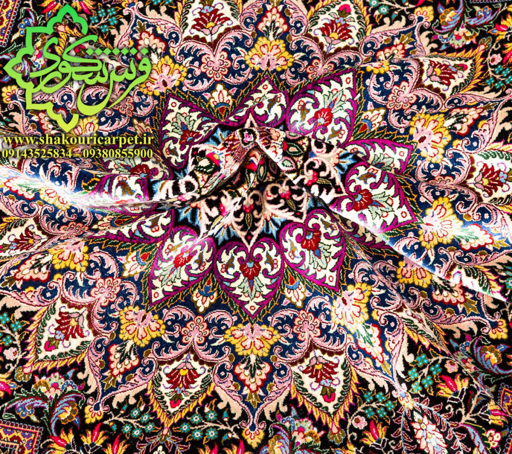 خرید فرش دستبافت قم تمام ابریشم 6 متری طرح کرمان نوری خرید از فروشگاه شکوری کارپت