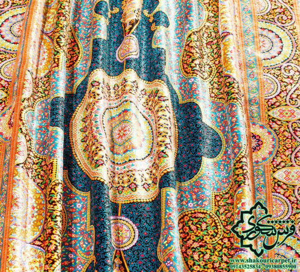 فرش دستباف 3 متری تمام ابریشم عربلو قم 80 رج با زمینه طلایی خرید از فروشگاه شکوری