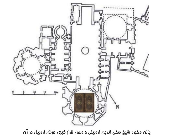 پالن مقبره شیخ صفی الدین اردبیلی و محل قرار گیری فرش اردبیل در آن