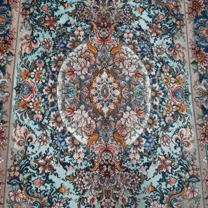 فرش دستبافت قالیچه ذرع و نیم خطیبی با ابعاد 1/5×1 متر رنگ فیروزه ای – کد 07